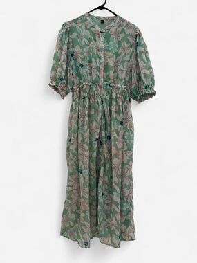 Green Floral Maxi Dress with Pink Blooms and Smocked Waistband